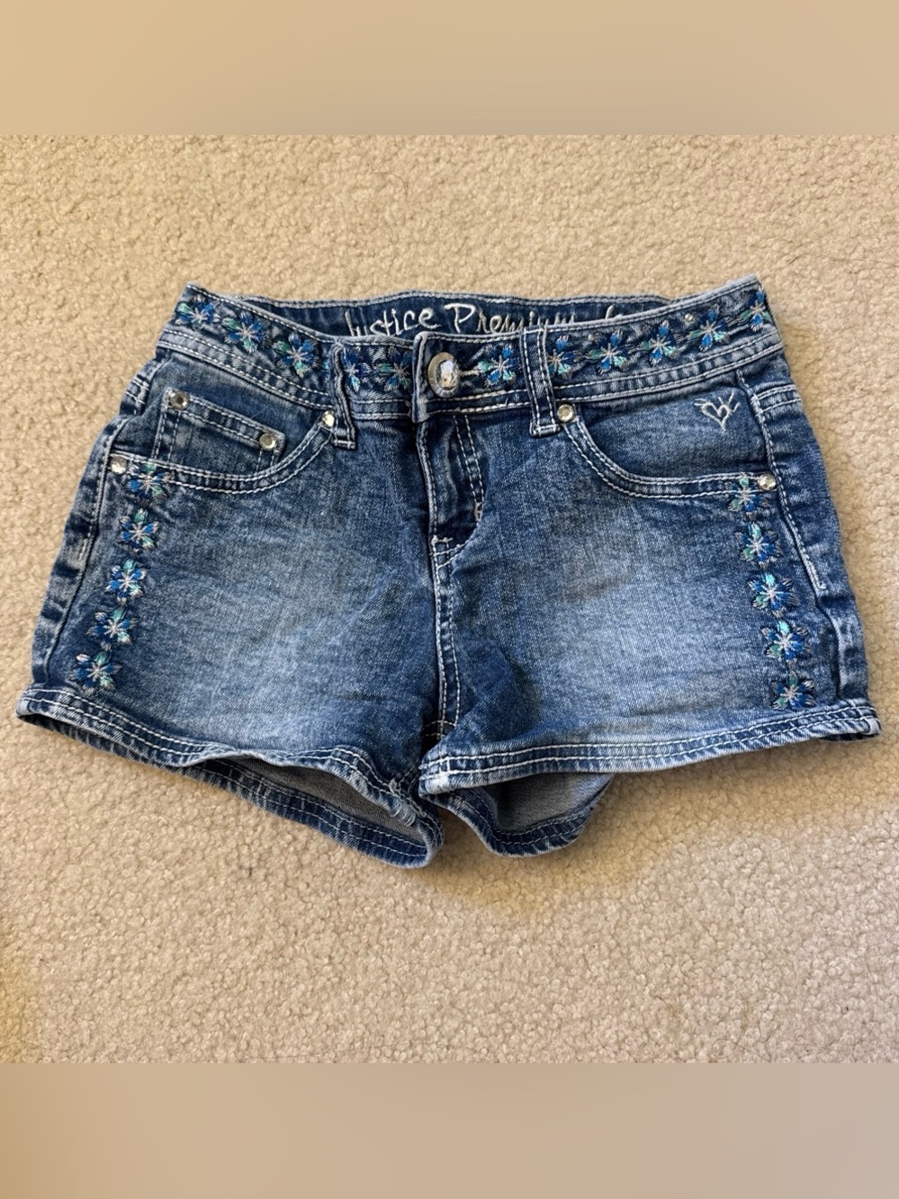 Justice Premium Denim Floral-Embroidered Jean Shorts
